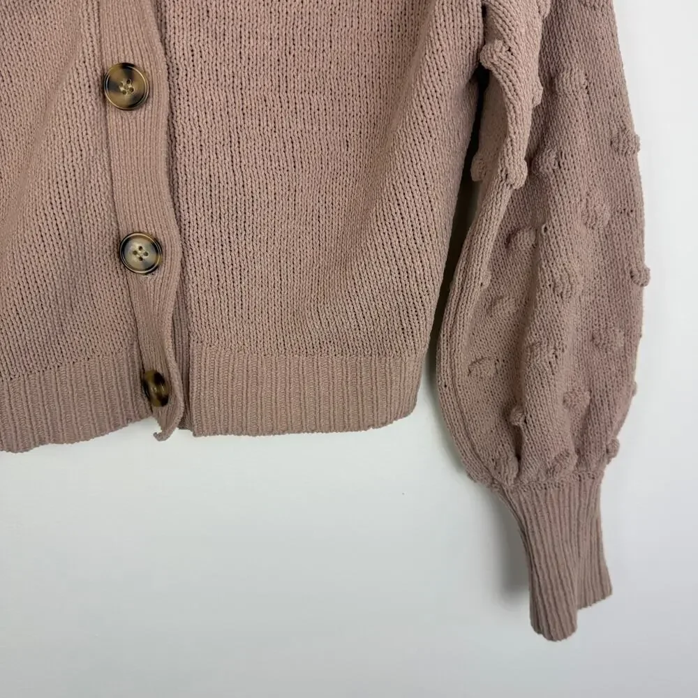 Moon & Madison Womens Long Sleeve Ball Cropped Knit Beige Button-Up Sweater XS
